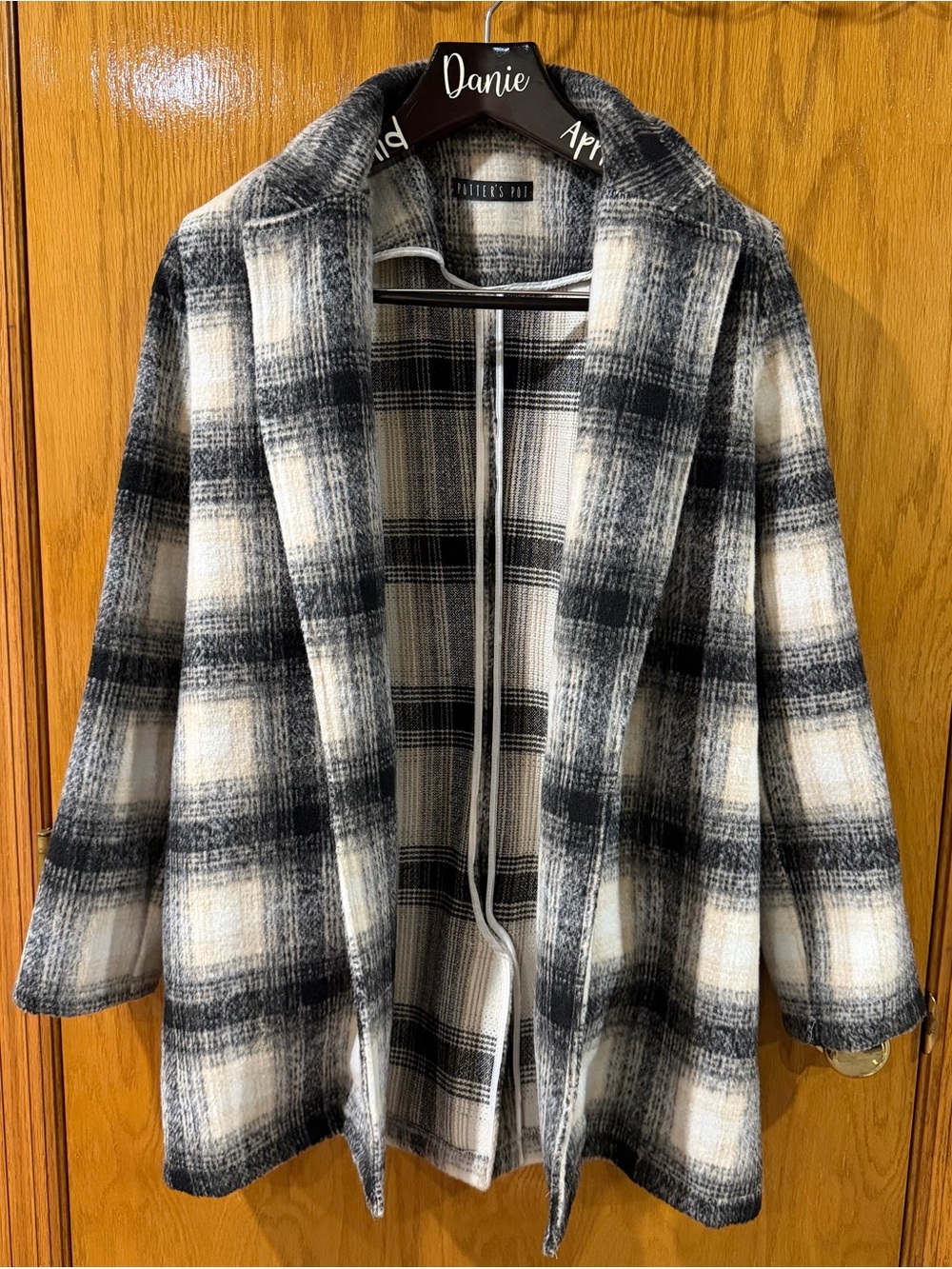 Potter's Pot Black & White Plaid Open-Front Pea Coat